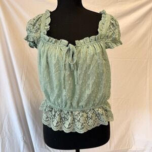 Boho Romantic Chic Peplum Top Haute Monde Sage Green Lace Metallic Stripe L